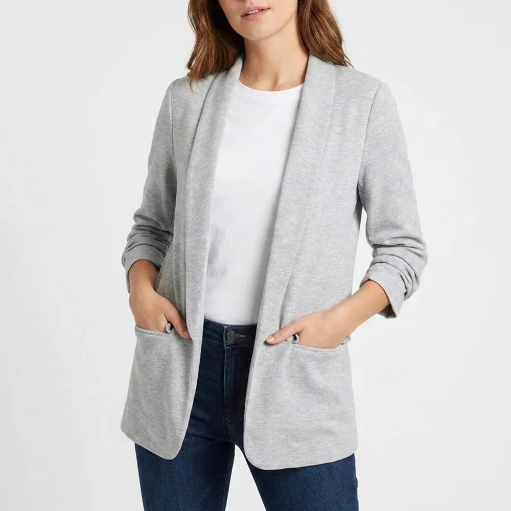 Premise Womens Light Gray Knit Open Front Ruched 3/4 Sleeve Blazer Size M